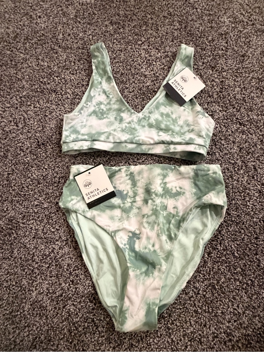 Senita Athletics Green and White Tie-Dye Bikini Set